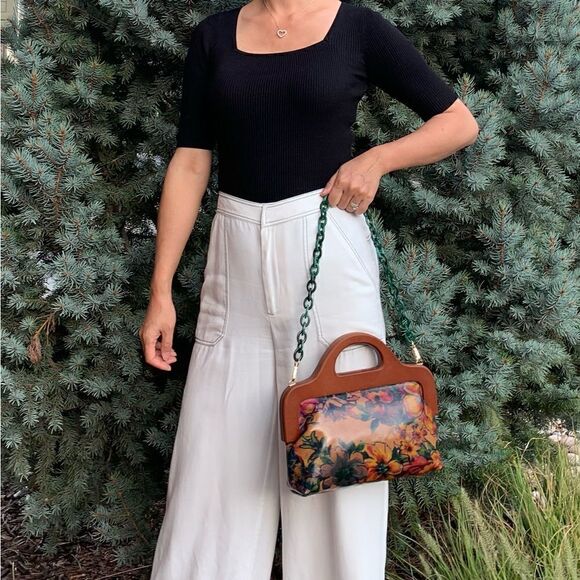 Handmade Genuine Leather Floral Print Large Wooden Frame Bag with 2 Chain styles - Picture 8 of 16